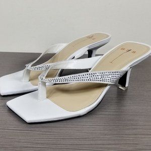 Black Suede Studio Crystal Embellished Sandal, White Leather, Womens Size 7.5